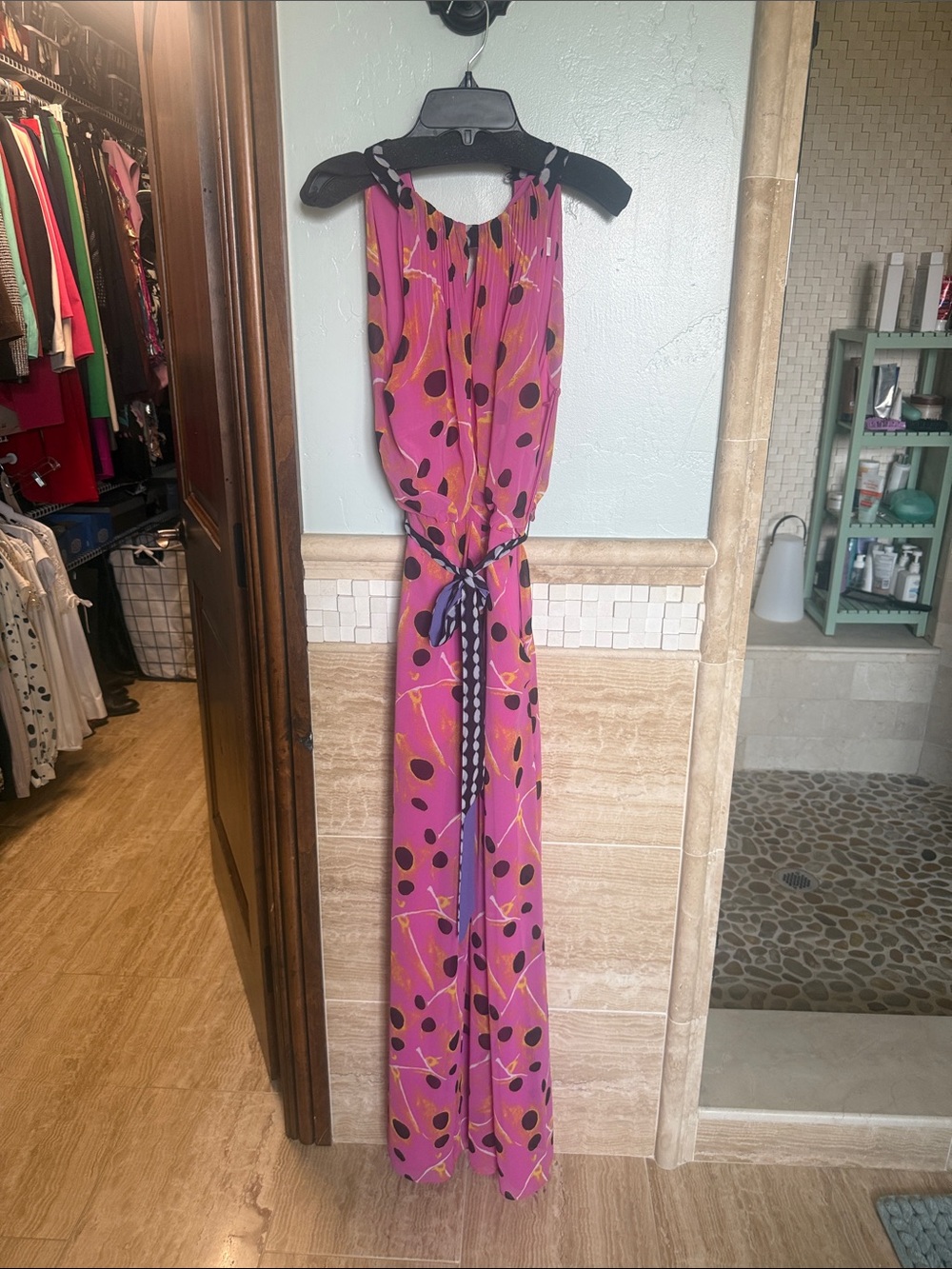 Sleeveless Pink Polka-Print Maxi dress with Tie Waist